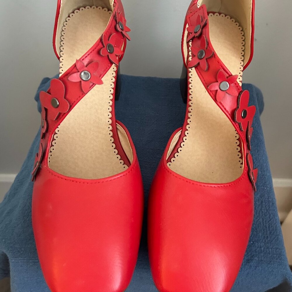Red heels with daisy embellishments (UK 41, US 10)